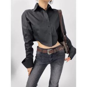 Long Sleeve Pointed Collar Plain Crop Shirt Black 251235893