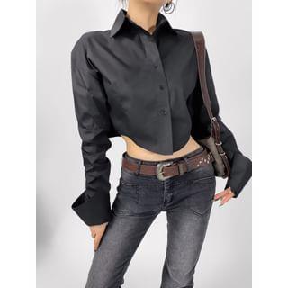 Long Sleeve Pointed Collar Plain Crop Shirt Black by Asiris