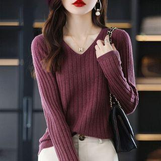 Long-Sleeve V-Neck Plain Ribbed Knit Top Fuchsia by Odestra