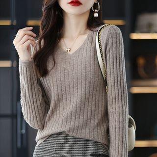 Long-Sleeve V-Neck Plain Ribbed Knit Top Camel by Odestra