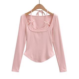 Long-Sleeve Mock Two Piece Scoop Neck Plain Slim-Fit Top Pink by Asiris