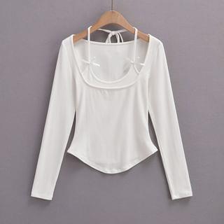 Long-Sleeve Mock Two Piece Scoop Neck Plain Slim-Fit Top White by Asiris