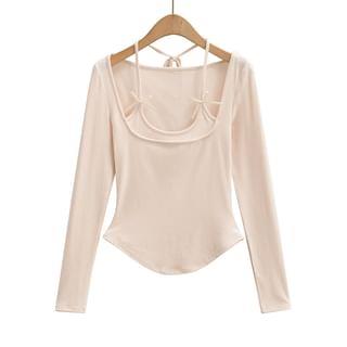 Long-Sleeve Mock Two Piece Scoop Neck Plain Slim-Fit Top Milky White by Asiris