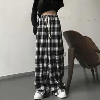 High Rise Checker Straight-Fit Pants Black by Rosesand