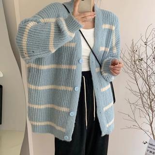 V-Neck Striped Button-Up Cardigan Blue by Whychunga