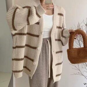 V-Neck Striped Button-Up Cardigan Almond 251236055