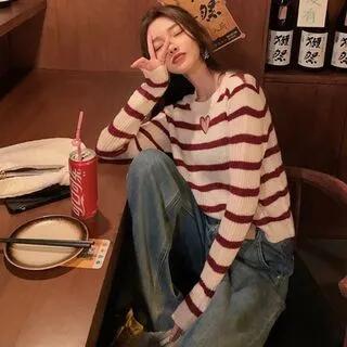 Crew Neck Striped Heart Cutout Sweater Red by Bigfol