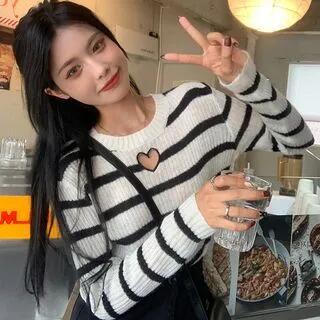 Crew Neck Striped Heart Cutout Sweater White by Bigfol