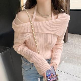 Long Sleeve Halter-Neck Cold-Shoulder Plain Sweater Pink by Rosesand