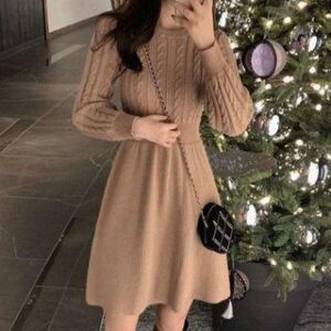 Mini A-Line Sweater Dress Dark Red 251236560