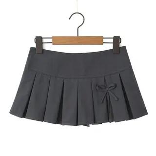 Low Waist Plain Bow Accent Pleated Slit Mini A-Line Skirt Gray by Ulark