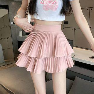 High Waist Pleated Layered Mini A-Line Skirt Pink by Shinsei