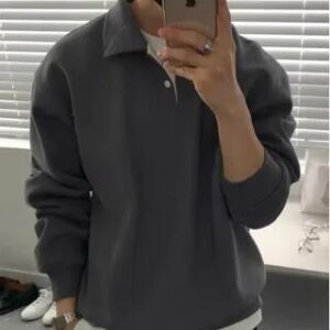 Long-Sleeve Polo-Neck Plain Sweatshirt Gray 251236783