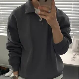 Long-Sleeve Polo-Neck Plain Sweatshirt Gray by GRAYCIOUS
