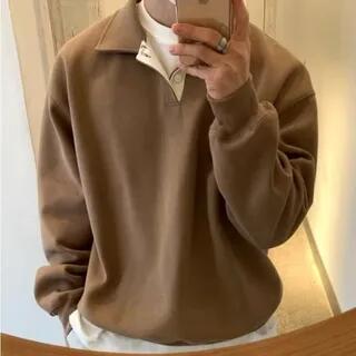 Long-Sleeve Polo-Neck Plain Sweatshirt Khaki by GRAYCIOUS