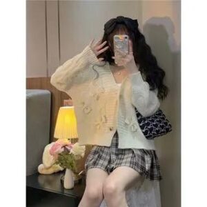 V-Neck Plain Bow Button-Up Cardigan Bow - Milky White 251237020