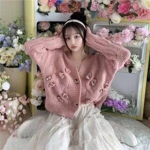 V-Neck Plain Bow Button-Up Cardigan Bow - Pink 251237022