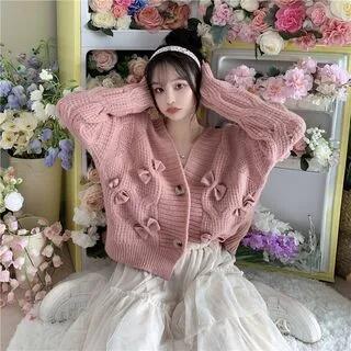 V-Neck Plain Bow Button-Up Cardigan Bow - Pink by ANORA