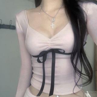 [L] Long-Sleeve V-Neck Ribbon Slim Crop T-Shirt T-Shirt - 08541T - Pink by Sosana