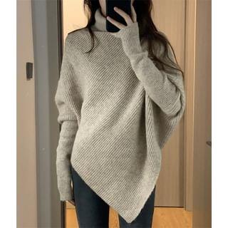 Long-Sleeve Turtleneck Plain Irregular Sweater Khaki by Bolgivy
