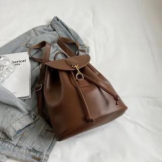 Faux Leather Buckled Flap Backpack Brown by Mayanne