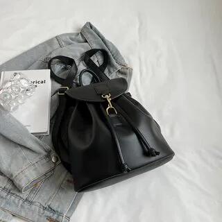 Faux Leather Buckled Flap Backpack Black by Mayanne