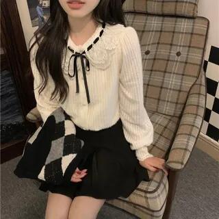 Long-Sleeve Lace Collar Bow Blouse / V-Neck Argyle Sweater Vest Blouse - White by ANORA