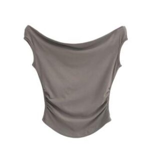 Off-Shoulder Plain Slim Fit Tee Light Coffee 251237259