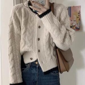 Crew Neck Contrast Trim Cardigan Almond 251237842