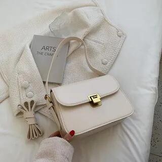 Faux Leather Flap Shoulder Bag Beige by Mayanne