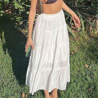 Plain Tiered A-Line Maxi Skirt White by Sosana
