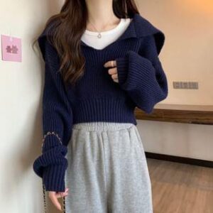 Sailor Collar Plain Crop Sweater Blue 251238261