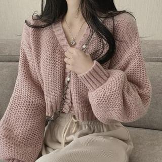 V-Neck Plain Button-Up Crop Cardigan Pink by Mikiko