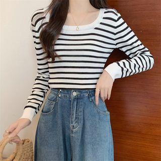Scoop Neck Striped Knit Top White by Allinya