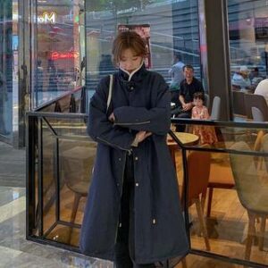 Stand Collar Plain Fleece-Lined Midi Zip Coat With Lining - Navy Blue 251238652