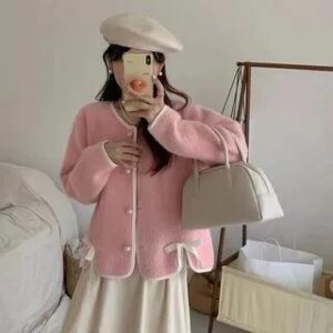 Crew Neck Bow Accent Contrast Trim Faux Pearl Buttoned Jacket Pink 251238783