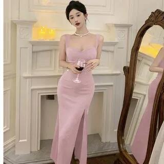 Sleeveless Sweetheart Neck Plain Slit Maxi Sheath Dress Nude Pink by NENE
