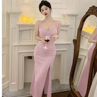 Sleeveless Sweetheart Neck Plain Slit Maxi Sheath Dress Nude Pink by NENE