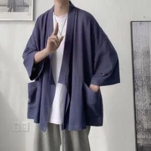 3/4-Sleeve Plain Open Front Kimono Jacket Kimono Jacket - Blue 251238943