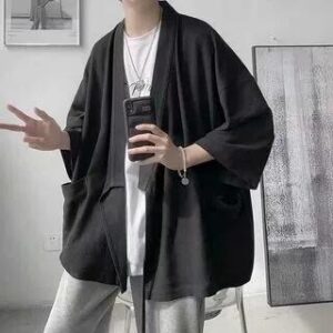 3/4-Sleeve Plain Open Front Kimono Jacket Kimono Jacket - Black 251238946