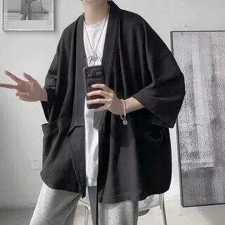 3/4-Sleeve Plain Open Front Kimono Jacket Kimono Jacket - Black by Adothuiastic