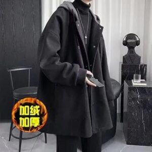 Couple Matching Single Breasted Hooded Woolen Long Coat Black 251239044