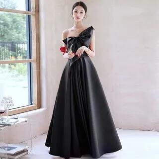 Sleeveless One Shoulder Plain Bow Satin A-Line Evening Gown Black by Melon Juice