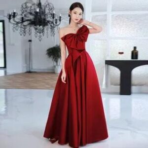 Sleeveless One Shoulder Plain Bow Satin A-Line Evening Gown Wine Red 251239133