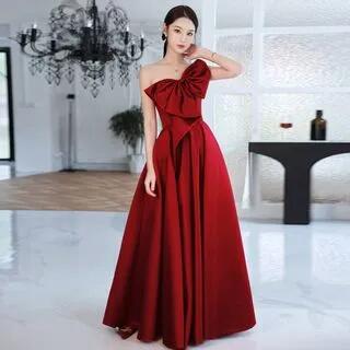 Sleeveless One Shoulder Plain Bow Satin A-Line Evening Gown Wine Red by Melon Juice