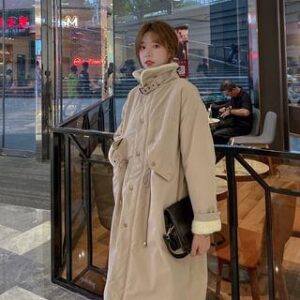 Stand Collar Plain Fleece-Lined Midi Zip Coat With Lining - Khaki 251239411