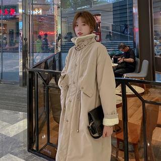 Stand Collar Plain Fleece-Lined Midi Zip Coat With Lining - Khaki by JVL