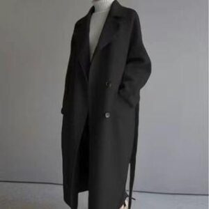 Lapel Collar Plain Tie Waist Double-Breasted Long Trench Coat Black 251239456