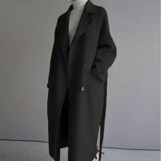 Lapel Collar Plain Tie Waist Double-Breasted Long Trench Coat Black by Supernova