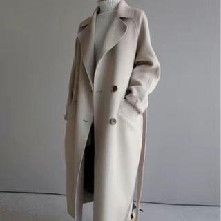 Lapel Collar Plain Tie Waist Double-Breasted Long Trench Coat Off-White by Supernova
